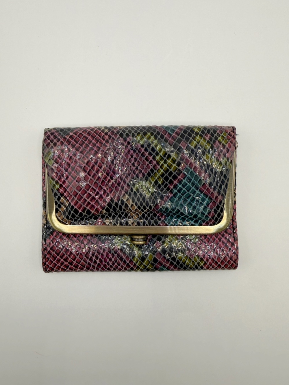 HOBO Robin Wallet Printed Leather Trifold Mosaic Snake Skin Boho Purple Teal